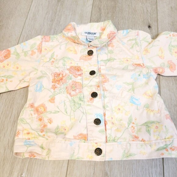 Girls Infant Toddler Oshkosh Peach Floral Denim Jacket Sz 12mos - Picture 2 of 5